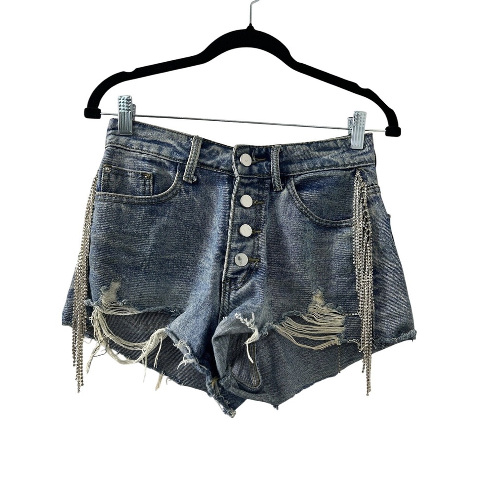 Womens Denim Shorts Rhinestone Fringe‎ Distressed Button Fly Blue Jeans